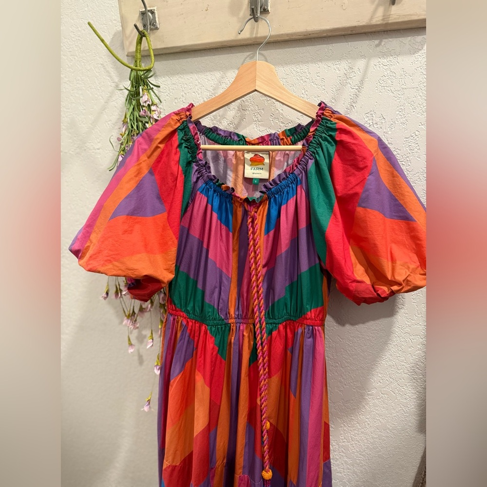 Farm Rio Colorful Striped Puff Sleeve Dress